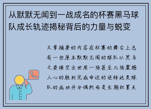 从默默无闻到一战成名的杯赛黑马球队成长轨迹揭秘背后的力量与蜕变